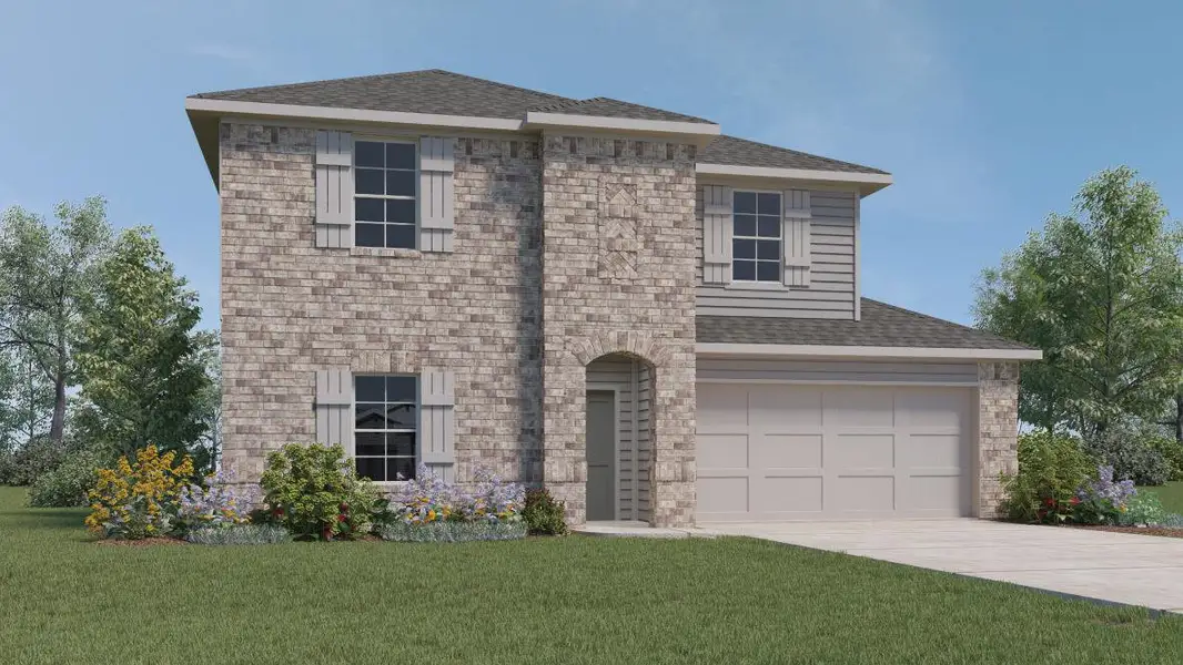 Front exterior of a new home in Bar W Ranch, Leander, TX, highlighting curb appeal (Image 1).