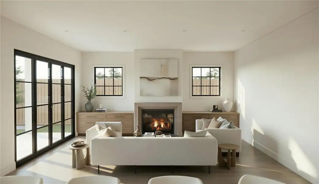 Rendering: Living room with fireplace and accordion doors leading to covered back patio.