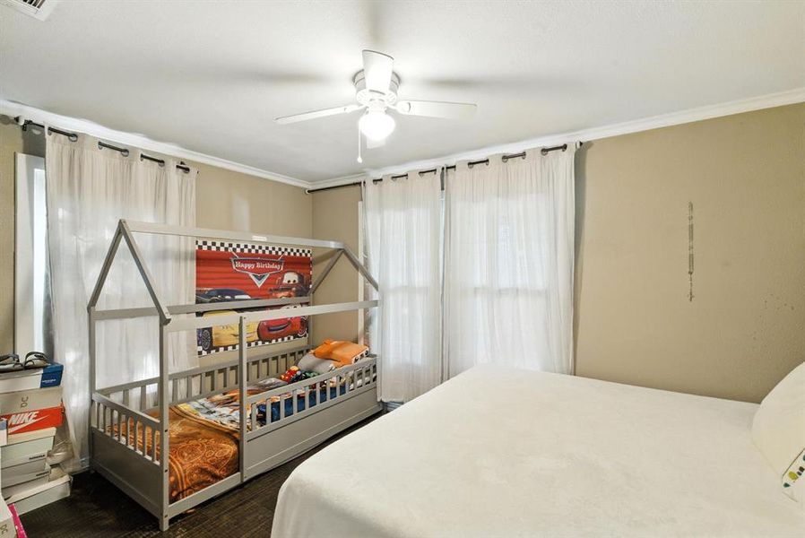 Bedroom with crown molding, a ceiling fan, and dark wood-type flooring Bedroom with crown molding, a ceiling fan, and dark wood-type flooring
