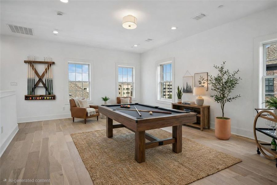 Rec room with pool table, light wood-style flooring, and recessed lighting