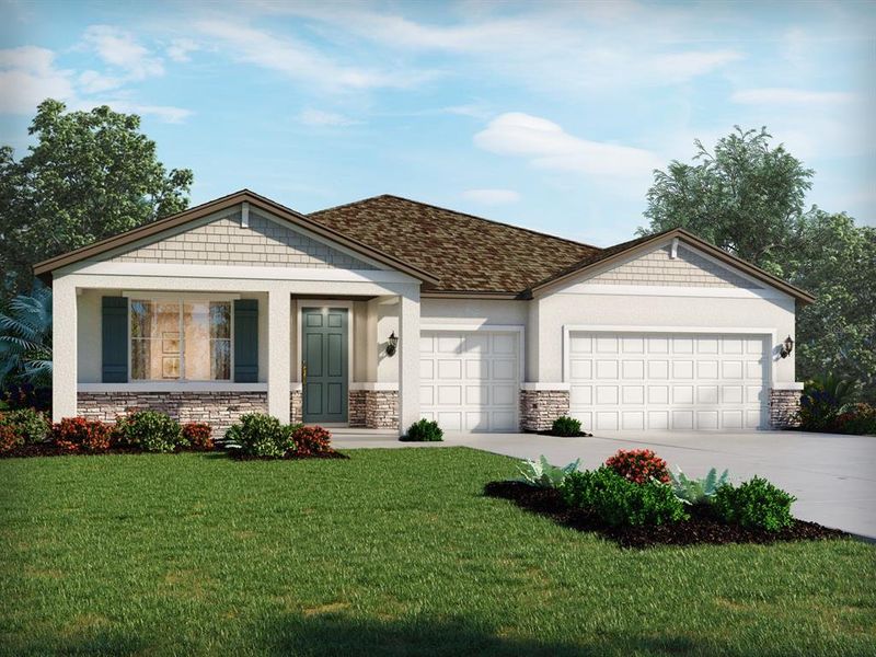 Front exterior of a new home in The Grove at Stuart Crossing - Signature Series, Bartow, FL, highlighting curb appeal (Image 1). Front exterior of a new home in The Grove at Stuart Crossing - Signature Series, Bartow, FL, highlighting curb appeal (Image 1).