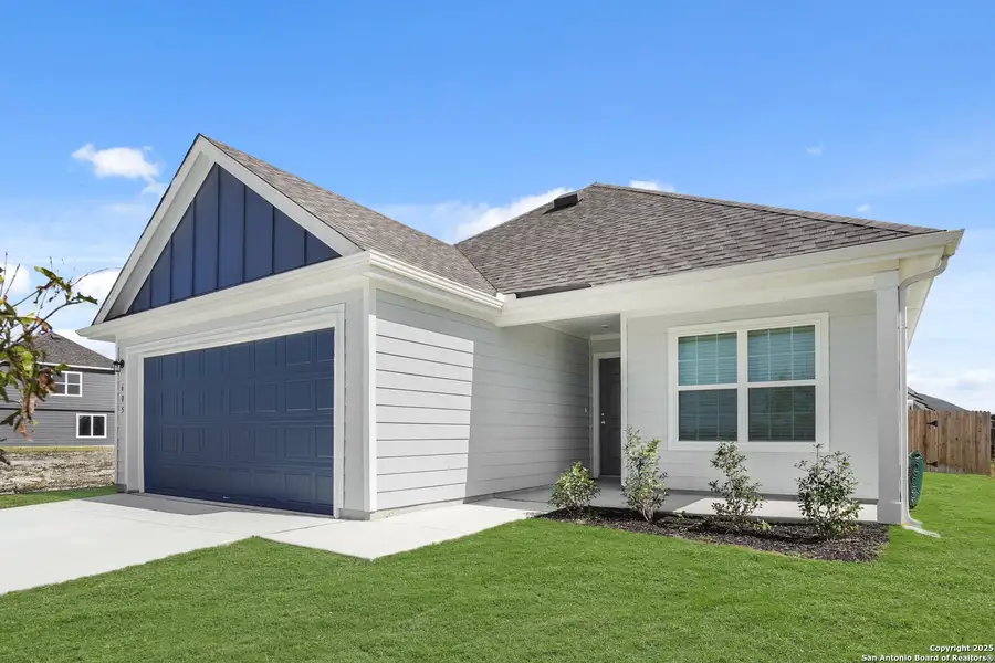 Front exterior of a new home in Swenson Heights, Seguin, TX, highlighting curb appeal (Image 1).