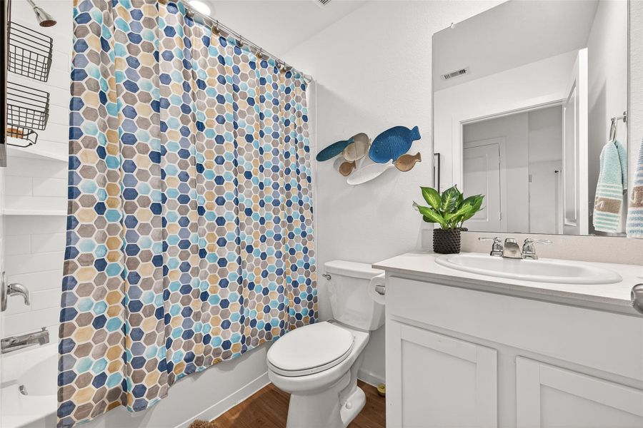 The second bathroom located in the primary bedroom. The second bathroom located in the primary bedroom.