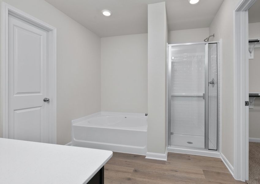The master bathroom has a large walk-in shower and a garden tub. The master bathroom has a large walk-in shower and a garden tub.