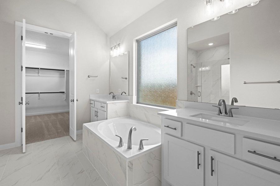 Primary Bath retreat with dual vanities & garden tub