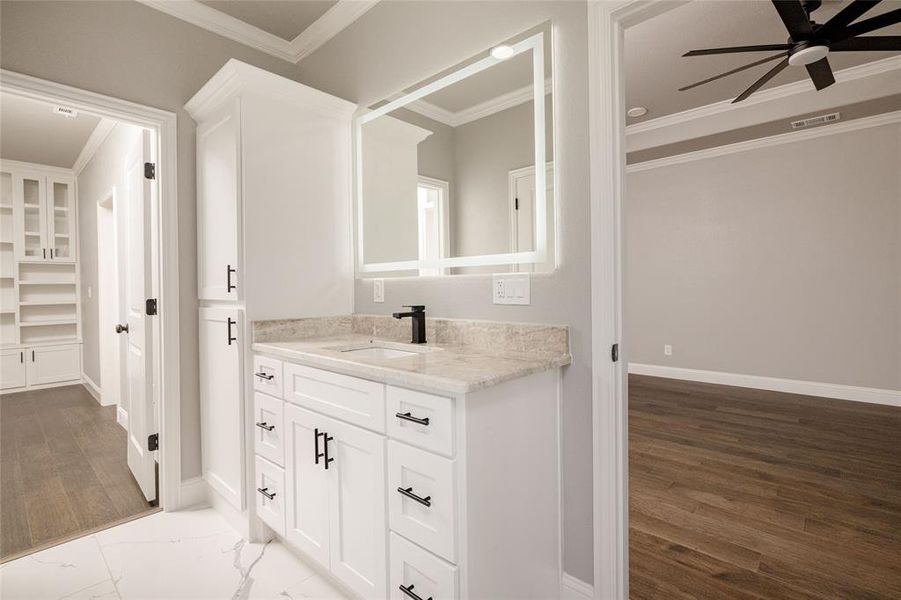 Bathroom with wood finished floors, vanity, visible vents, ceiling fan, and crown molding Bathroom with wood finished floors, vanity, visible vents, ceiling fan, and crown molding