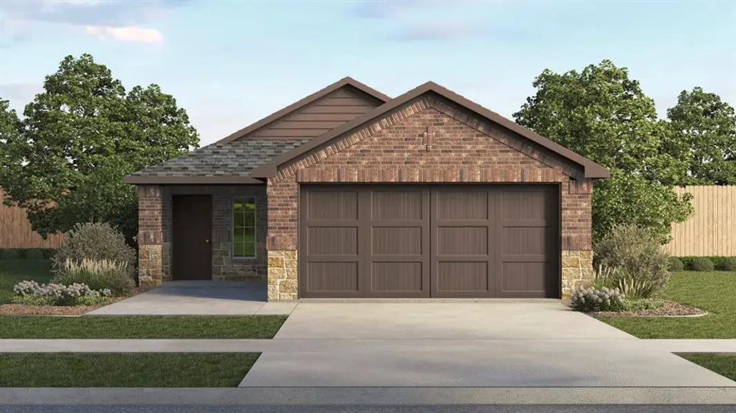 View of front of house with stone siding, driveway, brick siding, roof with shingles, and a garage View of front of house with stone siding, driveway, brick siding, roof with shingles, and a garage