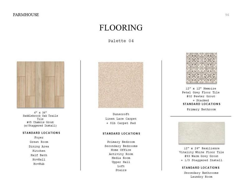 Farmhouse Look Palette 4: Flooring Selection Sheet (*Artist rendering used for illustration purposes only.) Farmhouse Look Palette 4: Flooring Selection Sheet (*Artist rendering used for illustration purposes only.)