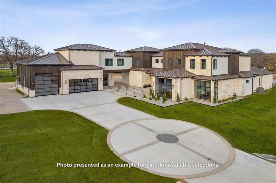 View of front of home with a garage, a front yard, and central AC unit