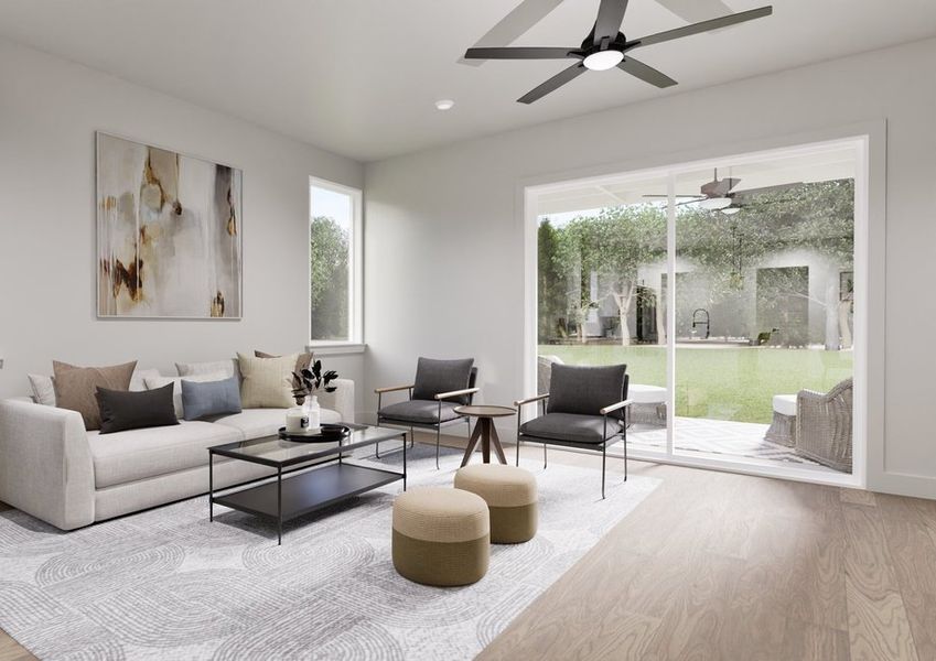 Modern living room with a beige sofa, abstract wall art, and glass coffee table. Light floods through large windows, opening to a lush green garden. Modern living room with a beige sofa, abstract wall art, and glass coffee table. Light floods through large windows, opening to a lush green garden.