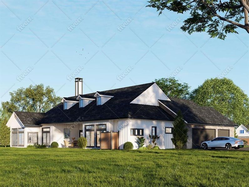 View of front of home featuring a chimney, a front lawn, and 3 car garage