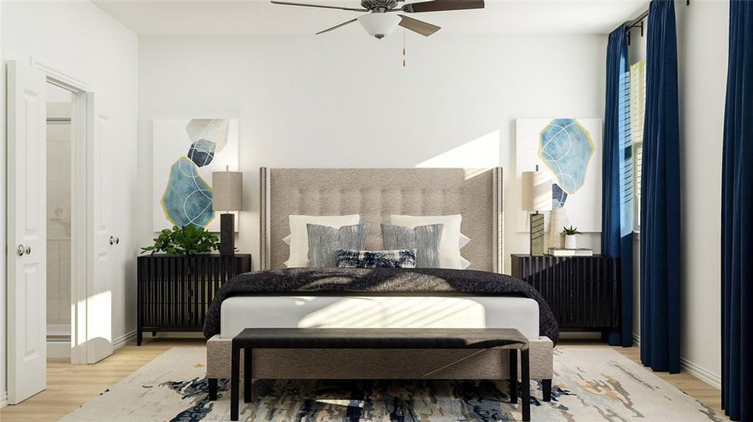 Bedroom featuring light wood-type flooring, ceiling fan, and ensuite bathroom