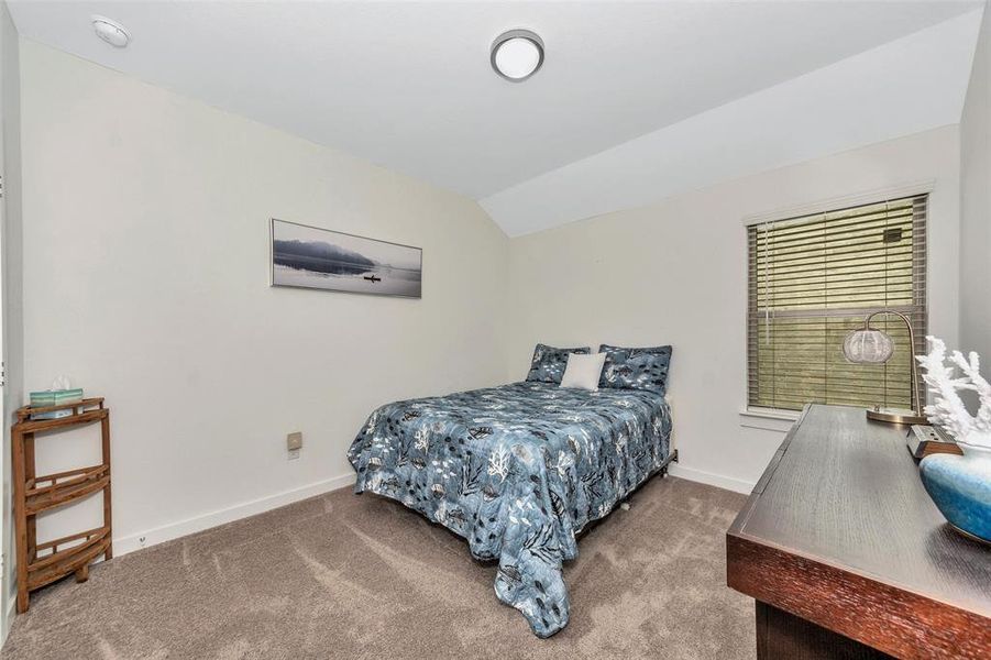 Carpeted bedroom featuring lofted ceiling