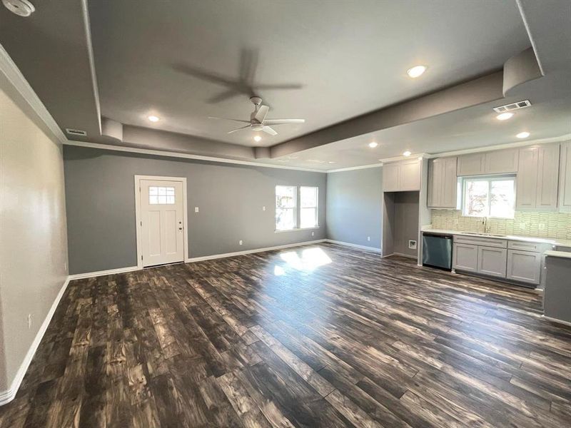 Unfurnished living room featuring ceiling fan, sink, a tray ceiling, and dark hardwood / wood-style flooring