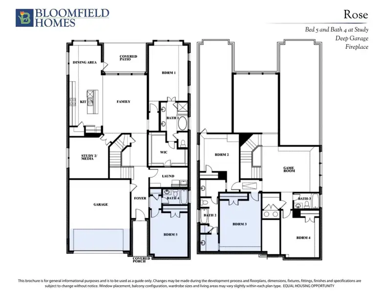 Bloomfield Homes "Rose" floor plan with 5 bedrooms, 4 bathrooms, game room, study, garage, and covered patio on two levels. Bloomfield Homes "Rose" floor plan with 5 bedrooms, 4 bathrooms, game room, study, garage, and covered patio on two levels.