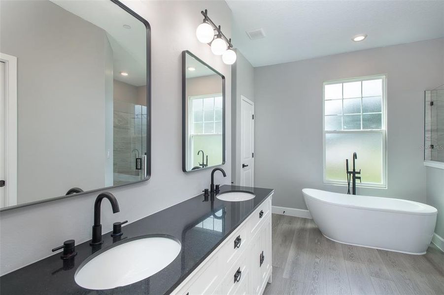 Primary Bath with double vanity and stand alone tub