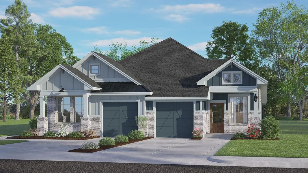 Representative exterior photo of a completed home built from the Chalet by Chesmar Homes in Meridiana Townhomes, Iowa Colony, TX (Image 7).