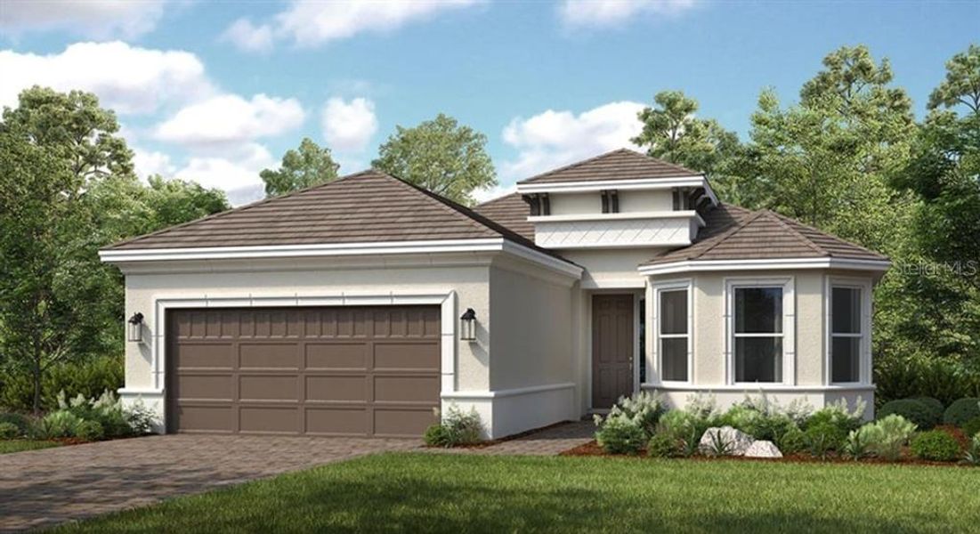 Front exterior of a new home in Esplanade at Wiregrass Ranch, Wesley Chapel, FL, highlighting curb appeal (Image 1).