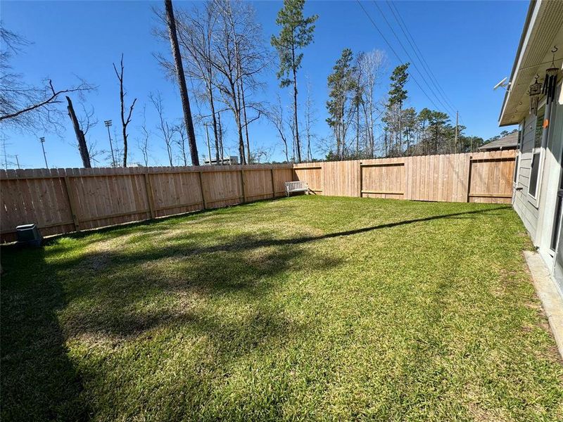 Luscious fenced backyard with automatic sprinklers.  Cleared lot equals low yard maintenance