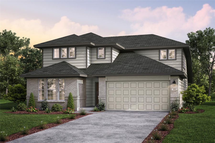 Front exterior of a new home in Mulberry Farms, Santa Fe, TX, highlighting curb appeal (Image 1). Front exterior of a new home in Mulberry Farms, Santa Fe, TX, highlighting curb appeal (Image 1).
