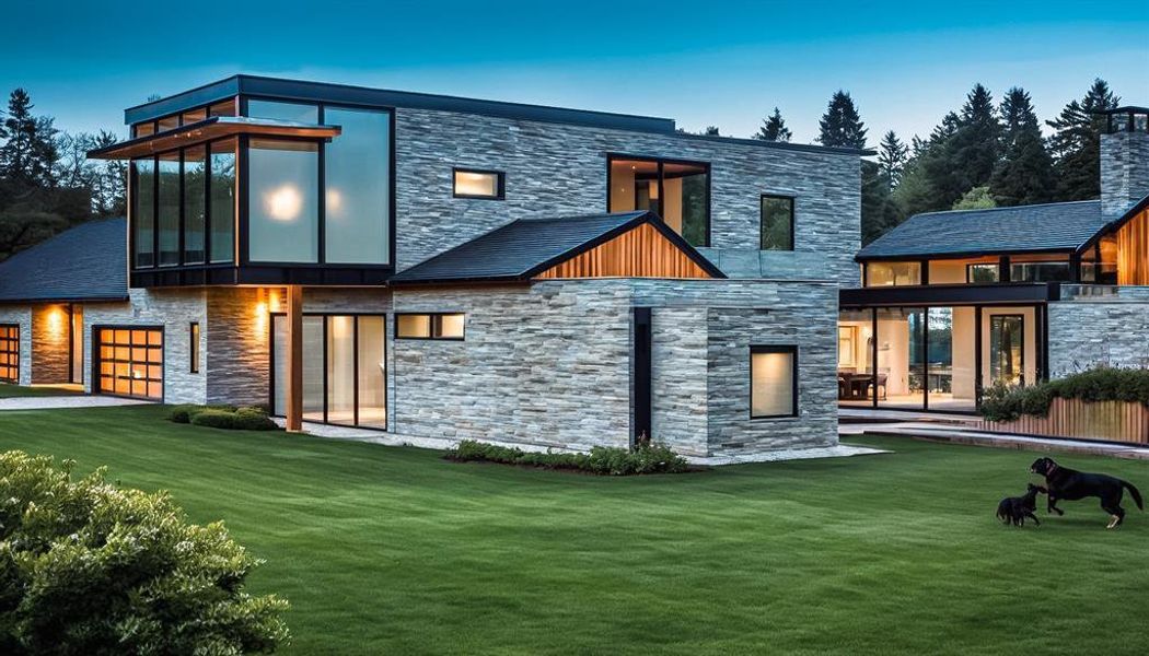 Rear view of property featuring stone siding and a lawn