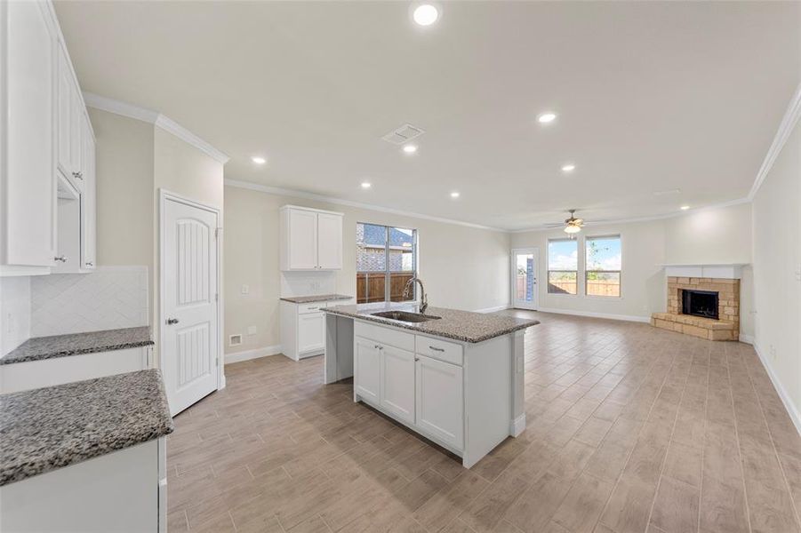 Kitchen with light stone counters, white cabinetry, a kitchen island with sink, and sink