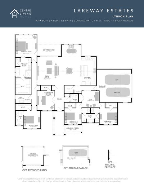 2D floor plan layout for the Lyndon by Centre Living Homes in Lakeway Estates, Waxahachie, TX (Image 3).
