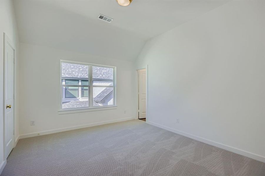 Carpeted spare room with baseboards and vaulted ceiling Carpeted spare room with baseboards and vaulted ceiling