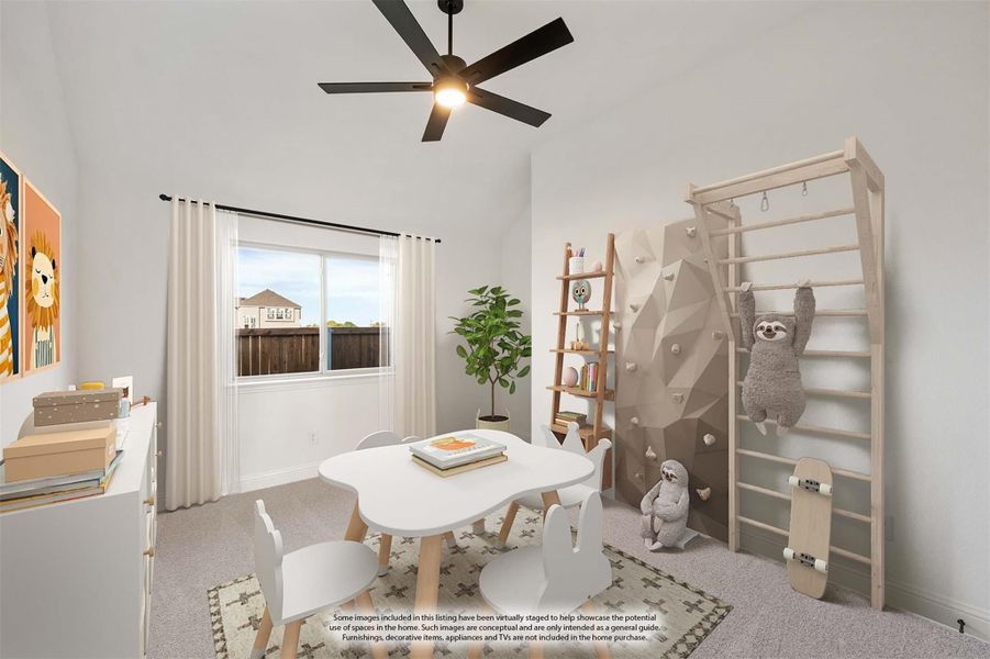 Children's playroom with small white table, indoor climbing wall, ladder shelf, and ceiling fan Children's playroom with small white table, indoor climbing wall, ladder shelf, and ceiling fan