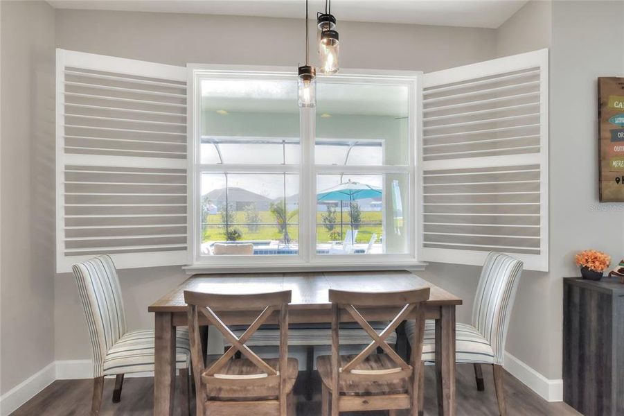 Plantation blinds opened in the Kitchen.