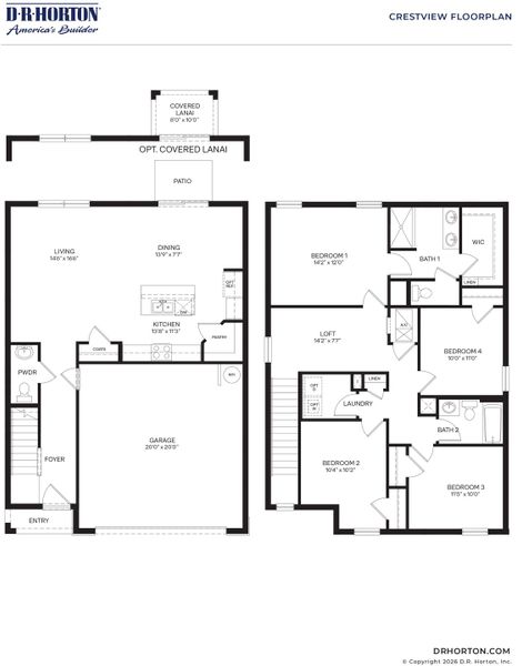 2D floor plan layout for the Crestview by D.R. Horton in Venetian Grove, Vero Beach, FL (Image 3).
