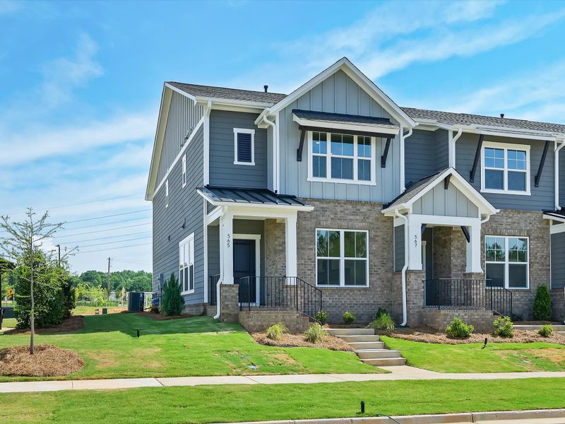 Front exterior of a new home in Hardy Pond Townhomes, Rock Hill, SC, highlighting curb appeal (Image 2). Front exterior of a new home in Hardy Pond Townhomes, Rock Hill, SC, highlighting curb appeal (Image 2).