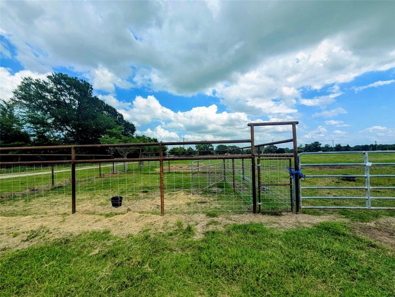 Located at the convenient back entry there is a cattle loading shoot.  Just back up to the pipe fencing with your trailer and guide them in.