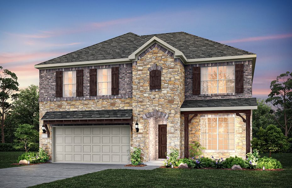 The Caldwell, a two-story home with covered front porch and 2-car garage, shown as Home Exterior D