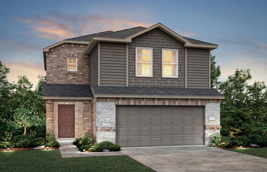 Front exterior of a new home in The Pines At Seven Coves, Conroe, TX, highlighting curb appeal (Image 1).