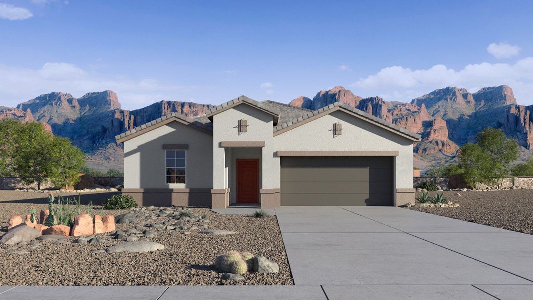 Front exterior of a new home in Sorrento, Maricopa, AZ, highlighting curb appeal (Image 1). Front exterior of a new home in Sorrento, Maricopa, AZ, highlighting curb appeal (Image 1).