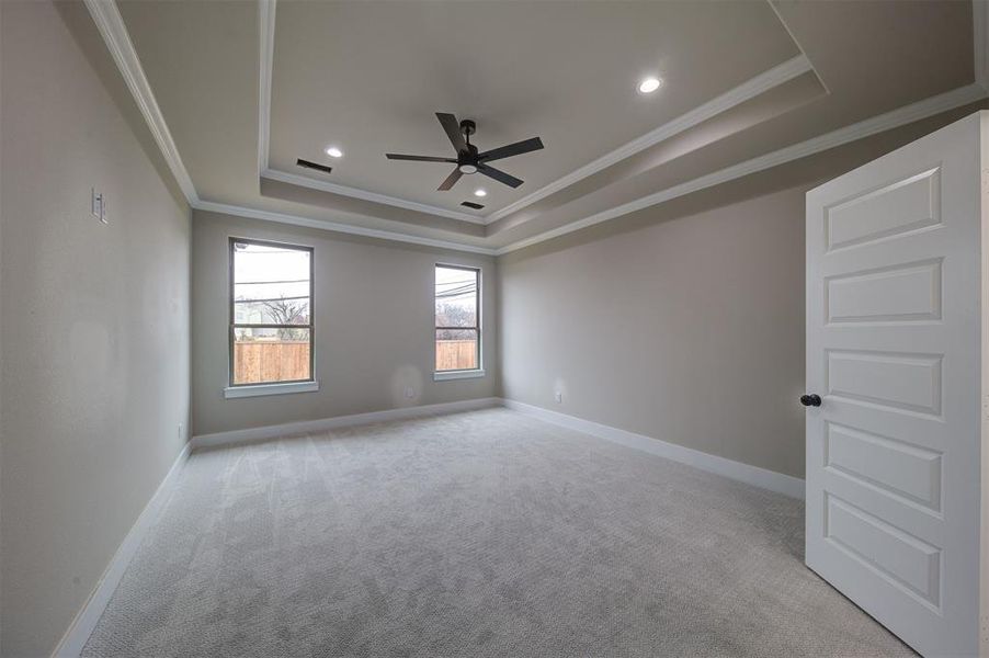 Carpeted spare room with crown molding, ceiling fan, and a tray ceiling