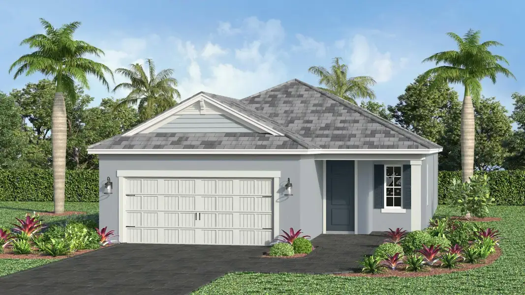 Front exterior of a new home in Kingston South Real Estate and Homes for Sale in Estero, FL - Neal Communities, Estero, FL, highlighting curb appeal (Image 23).