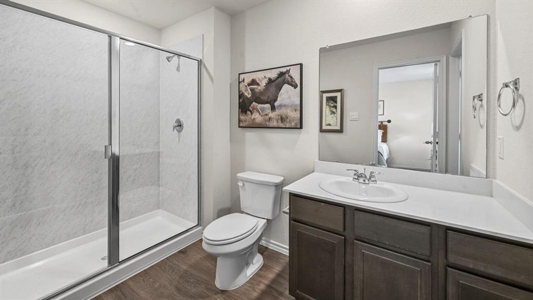 Bathroom with dark wood-style floors, a stall shower, vanity, and connected bathroom