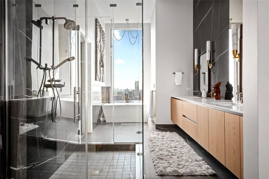 Luxurious porcelain-lined shower.