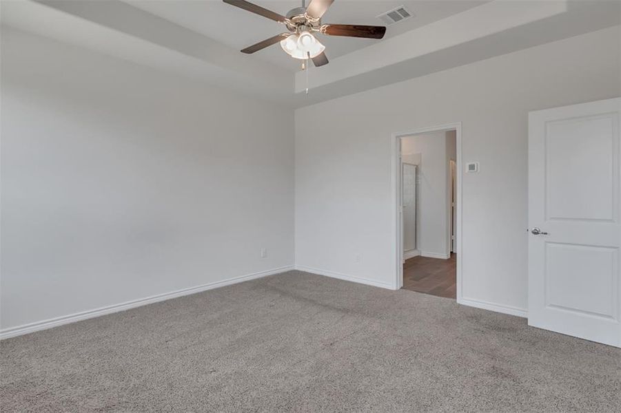 Ensuite with carpet floors, ceiling fan, and a raised ceiling