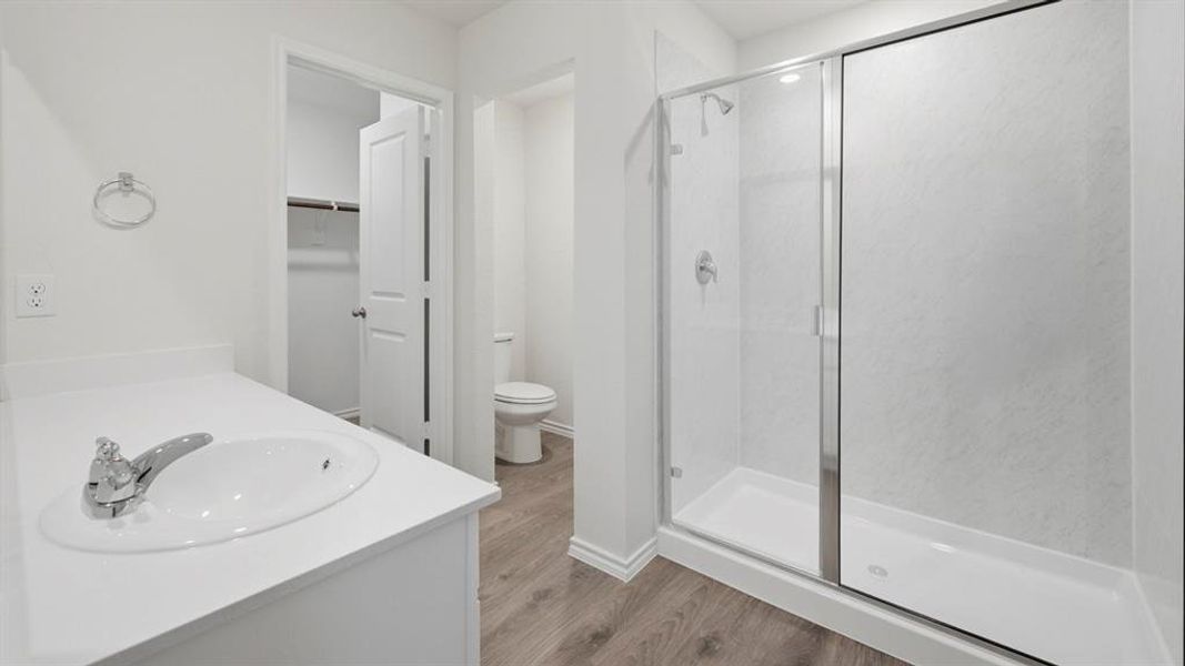 Full bathroom with vanity, a stall shower, light wood-style floors, and a spacious closet Full bathroom with vanity, a stall shower, light wood-style floors, and a spacious closet