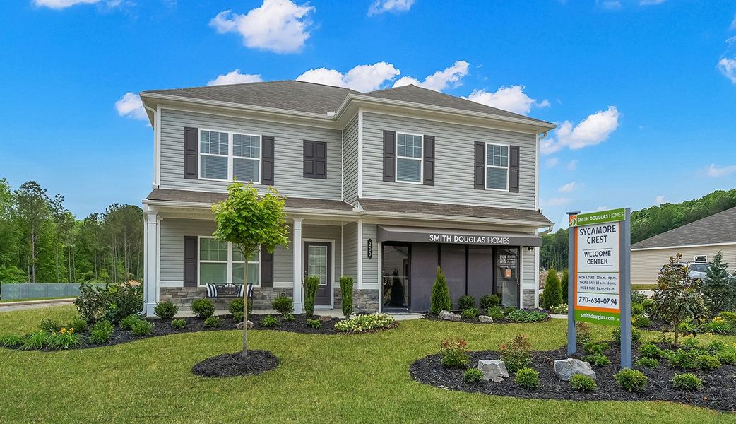 Front exterior of a new home in Sycamore Crest, Calhoun, GA, highlighting curb appeal (Image 1).