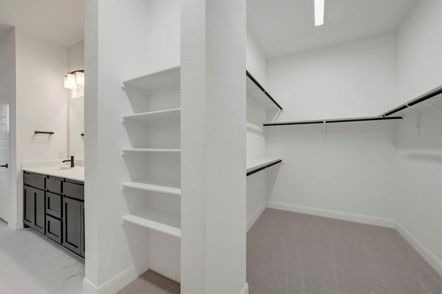 Walk in closet featuring light colored carpet and a sink