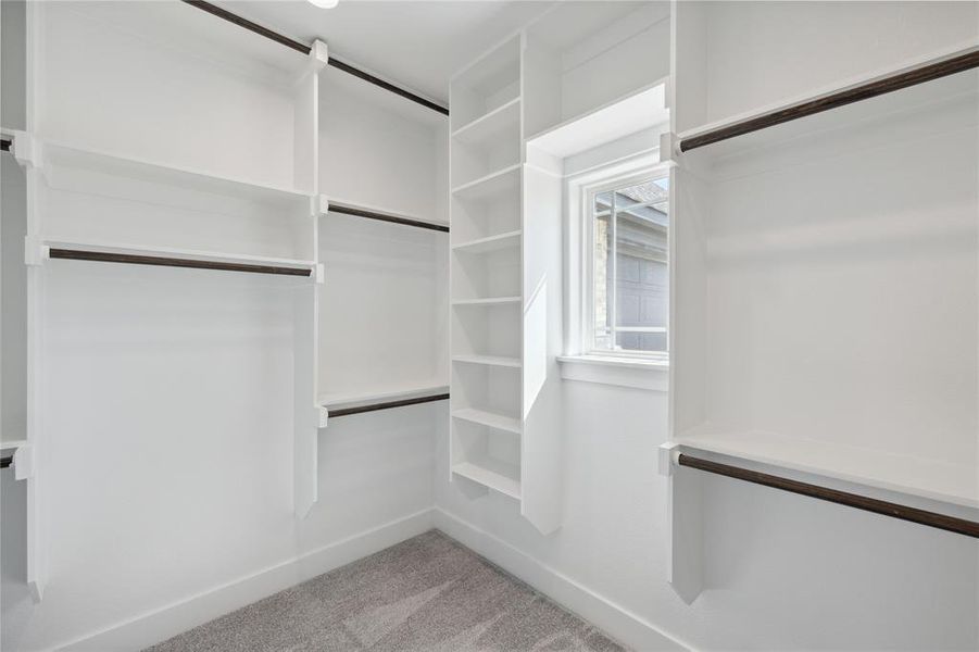 Walk in closet featuring light carpet