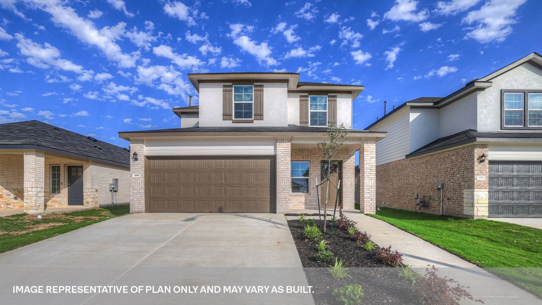 Representative exterior photo of a completed home built from the The Hanna by D.R. Horton in Whisper South, San Marcos, TX (Image 1). Representative exterior photo of a completed home built from the The Hanna by D.R. Horton in Whisper South, San Marcos, TX (Image 1).