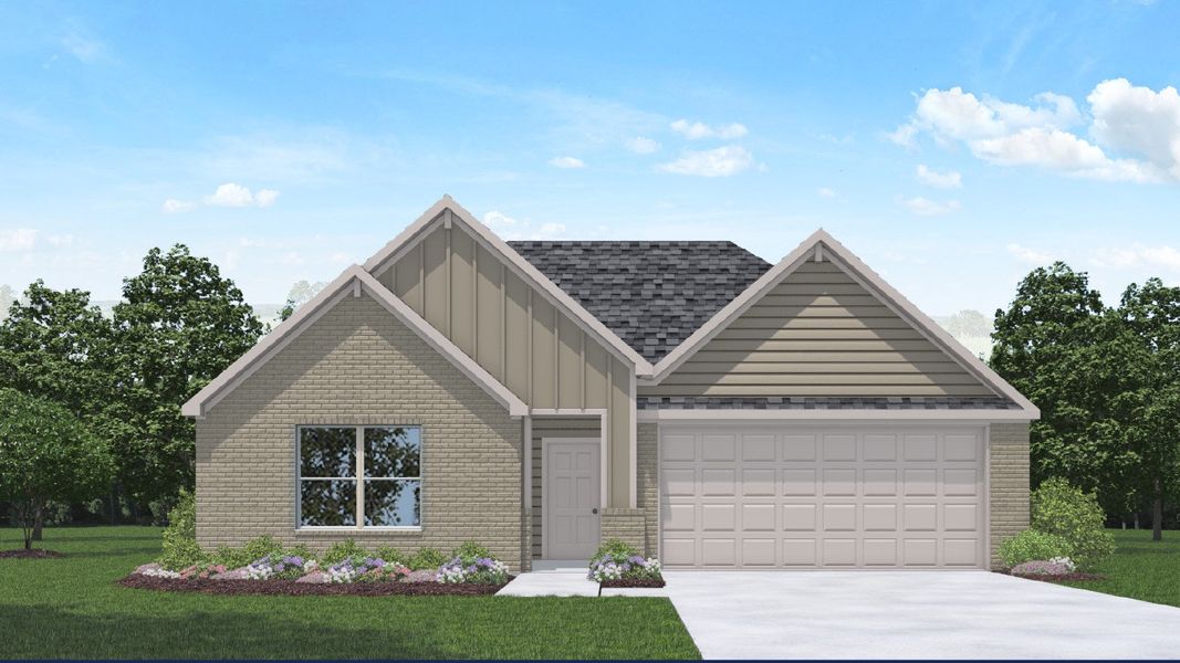 Front exterior of a new home in Silverthorne, Conroe, TX, highlighting curb appeal (Image 1).
