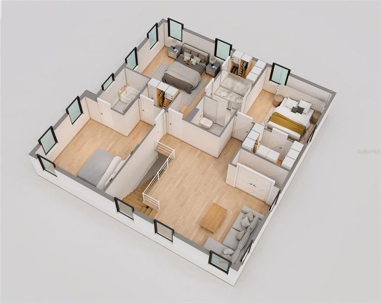 Second floor: 2BR/2BA + loft + office (flex BR). Second floor: 2BR/2BA + loft + office (flex BR).