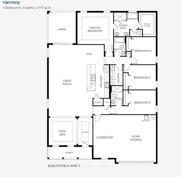 2D floor plan layout for the Harmony by Maronda Homes in Seminole Bend, Pensacola, FL (Image 3).