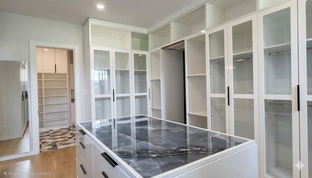 Custom closet system featuring a central island with a dark stone countertop, white cabinetry with glass-front doors, open shelving, and integrated hanging rods